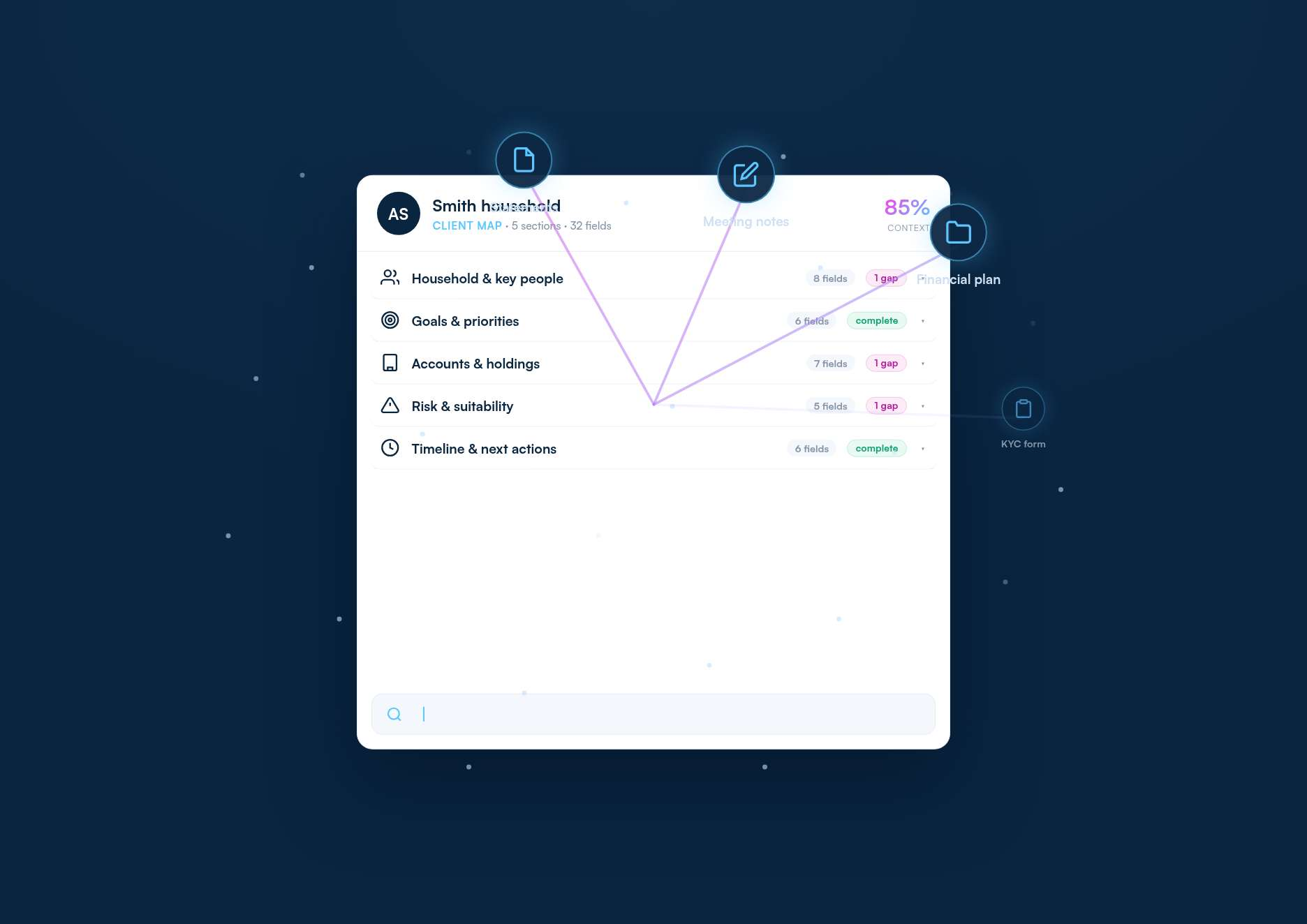 Advisor Prep Hero showing a client's Documents: files and folders kept on your own computer, with an indicator showing where AI requests go.