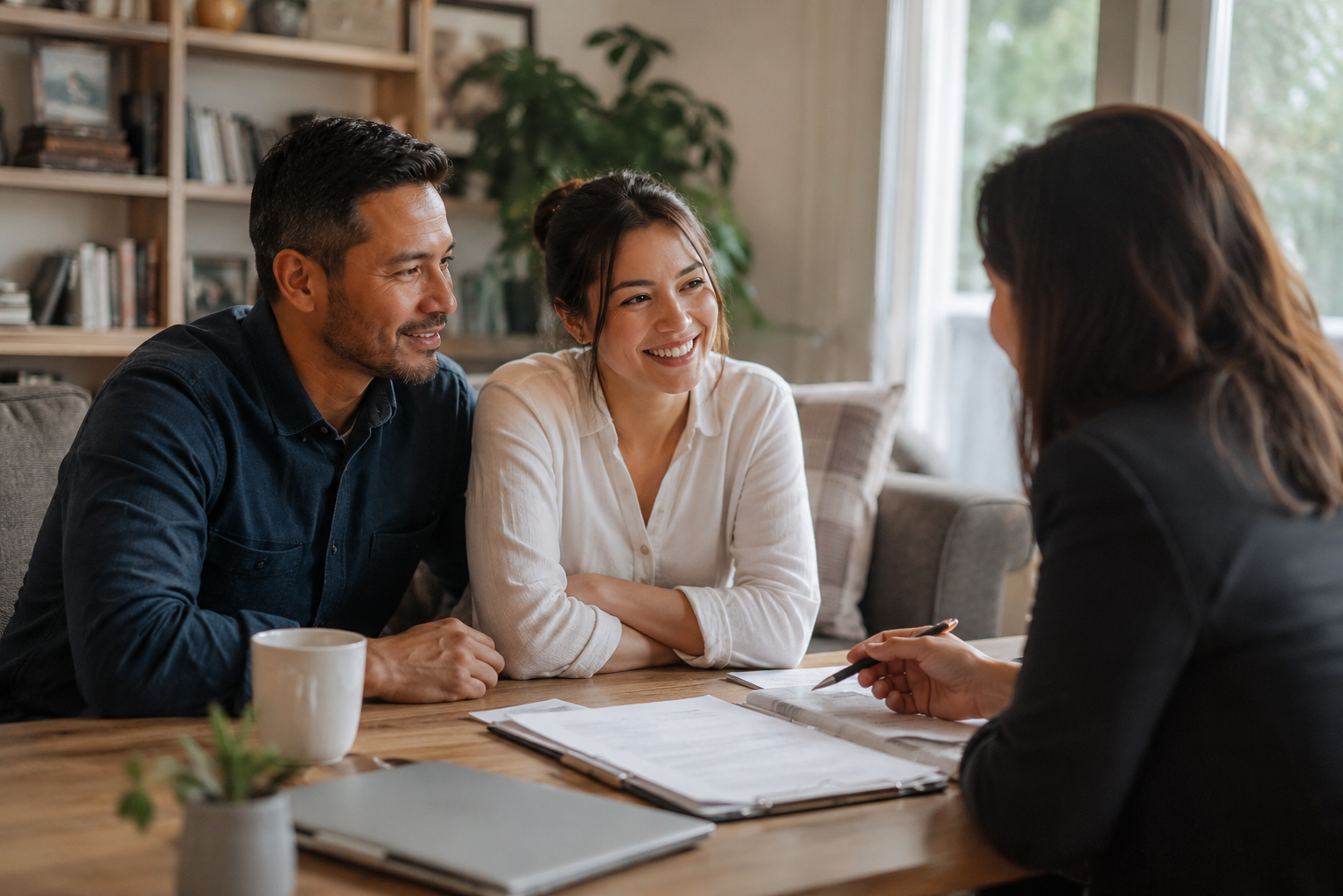 An advisor meeting two clients at a table with documents.